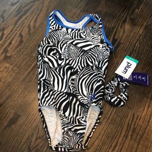 plum gymnastics leotard with matching scrunchie